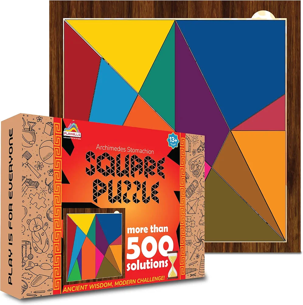 Playhills Brain Booster Fidget Play & Wooden Square Challenge: World’s First Puzzle by Archimedes High IQ Game with 500+ Solutions, Unique