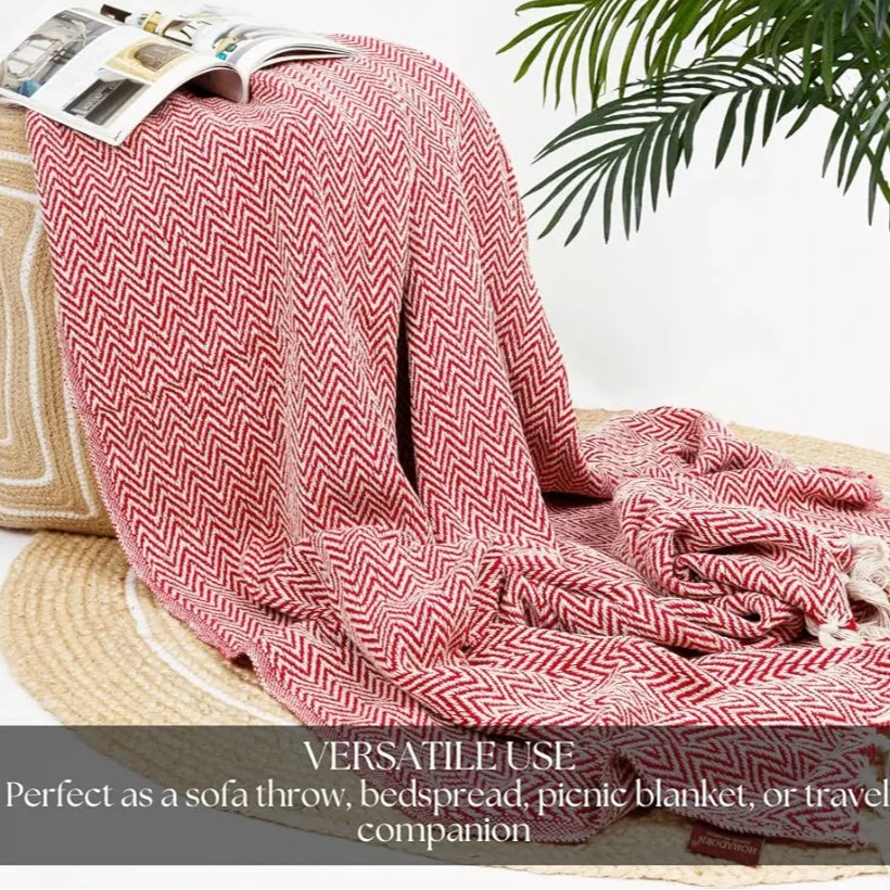 Homadorn All Season Cotton Weaved Throw Blanket Colour Red