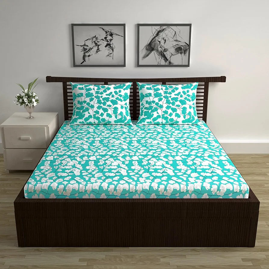 Divine Casa Poly Cotton Fitted Bedsheet for Double Bed Elastic Corners Wrinkle Resistant & Breathable Fit Colour Aqua Green