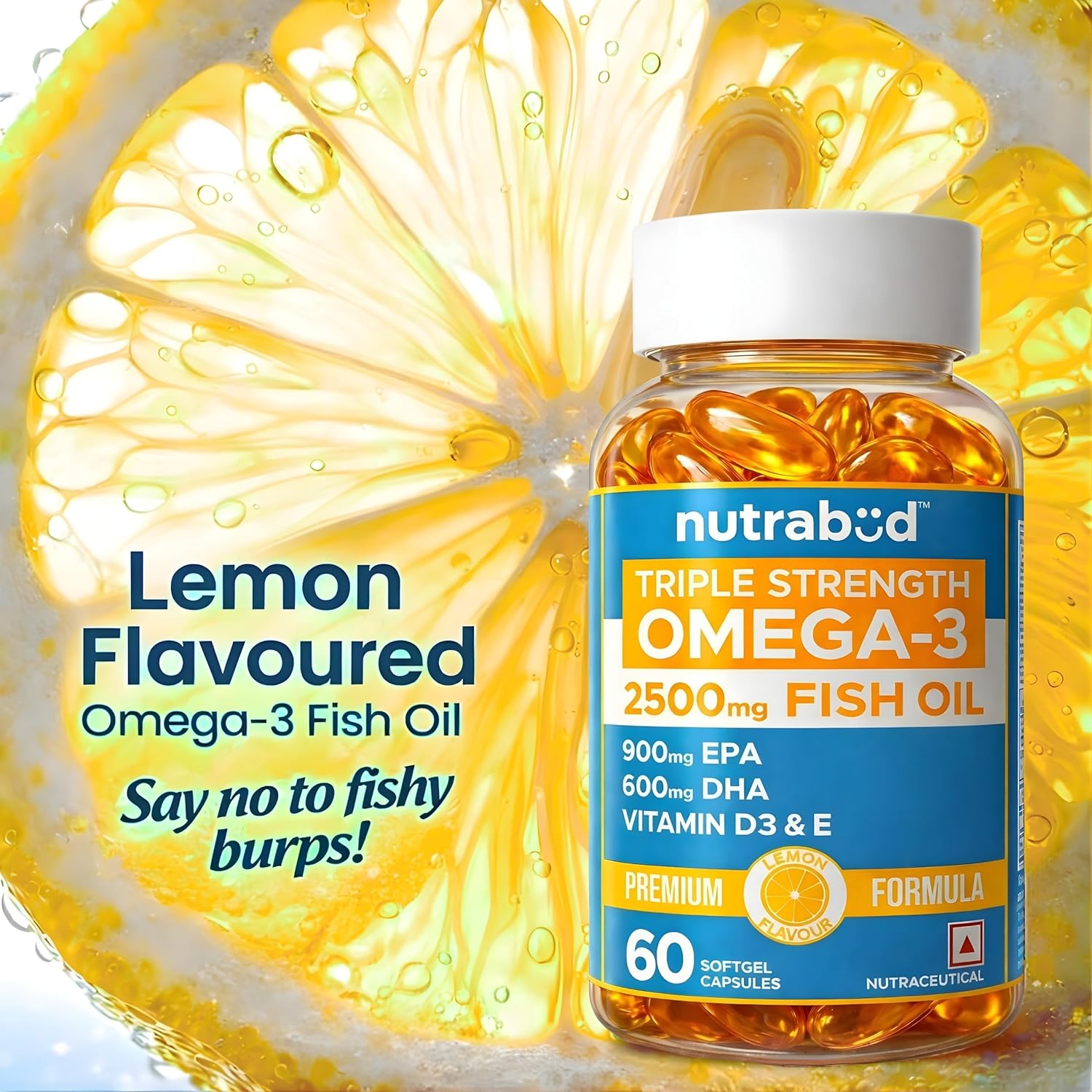 Nutrabud Omega 3 Fish Oil Capsules Triple Strength Supplement 2500mg - 900mg EPA 600mg DHA/serving - With Vitamin D & E - Lemon Flavour (60 Count (Pack of 1), Lemon)