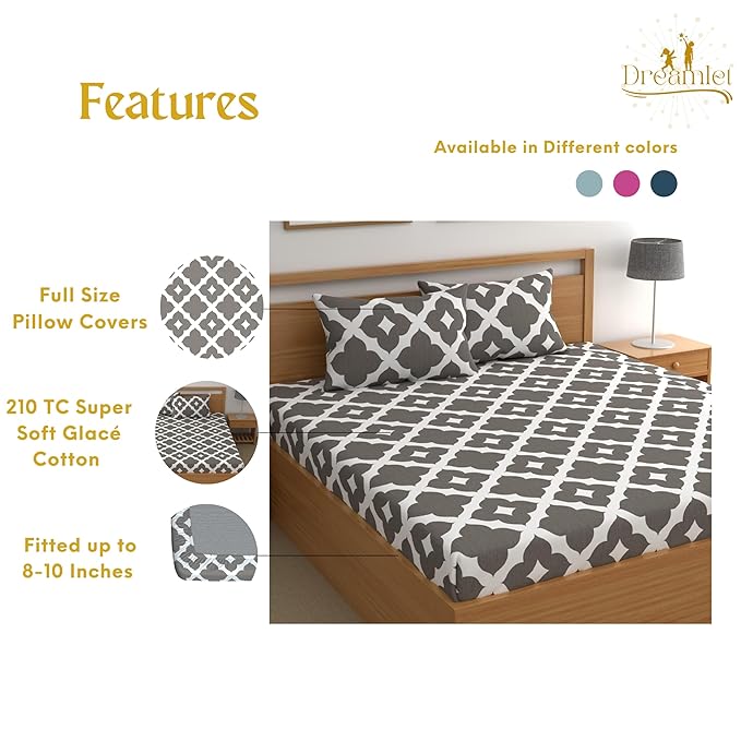 Dreamlet All Around Elastic Supersoft 210tc Premium Cotton Elastic Fitted Bedsheets With 2 King Size Pillow Covers | Grey and White