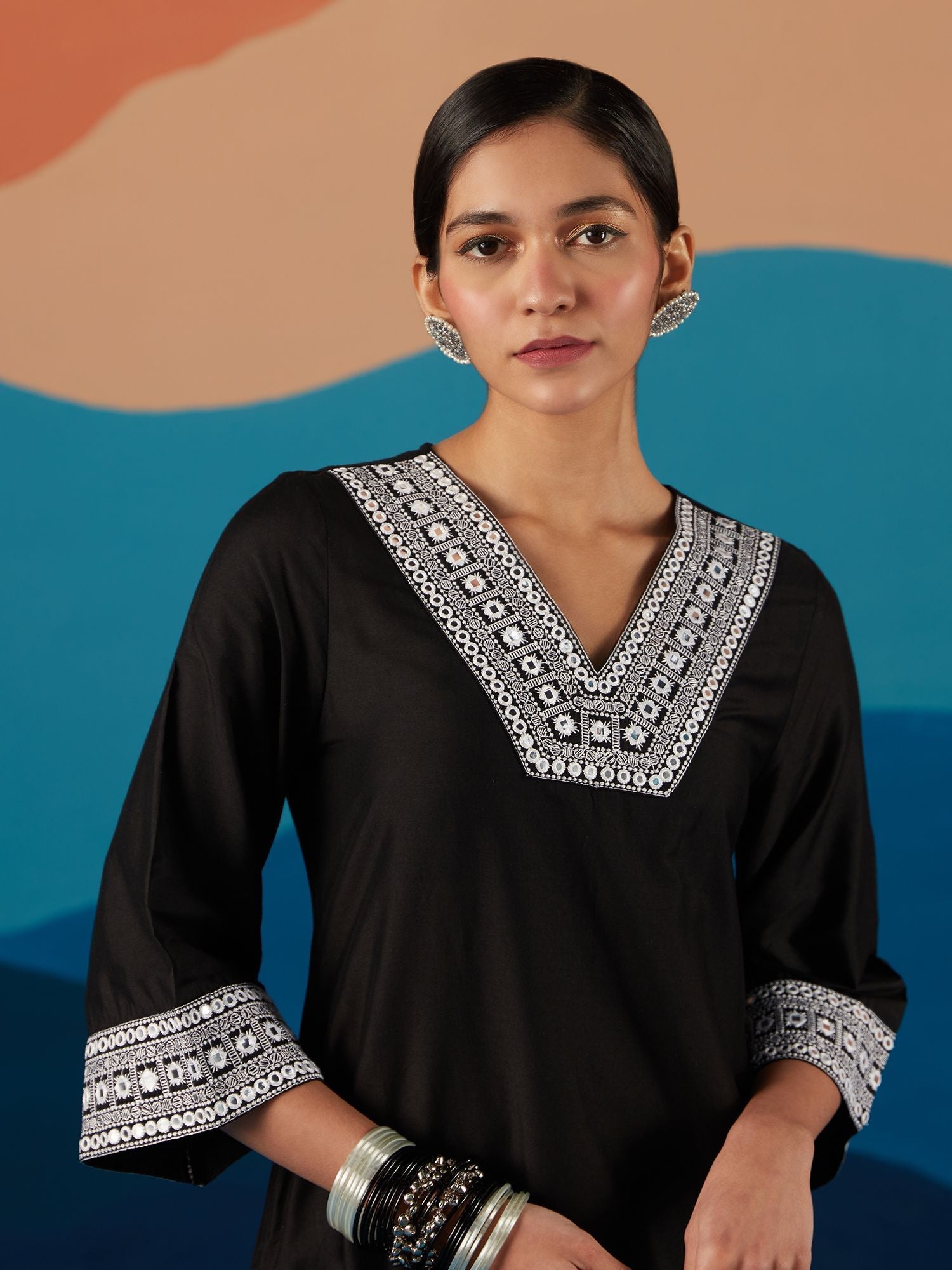 Likha Black Monochrome Mirror Work Kurta Set & Organza Dupatta LIKSKD198 (Set of 3)