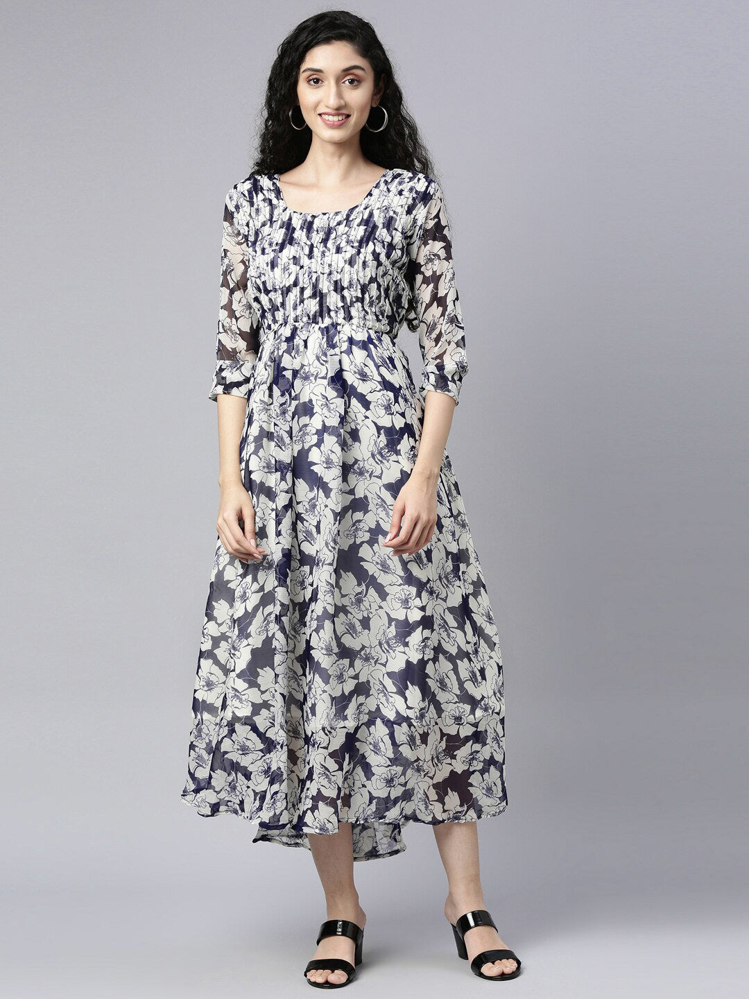Souchii Floral Printed Chiffon Empire Midi Dress