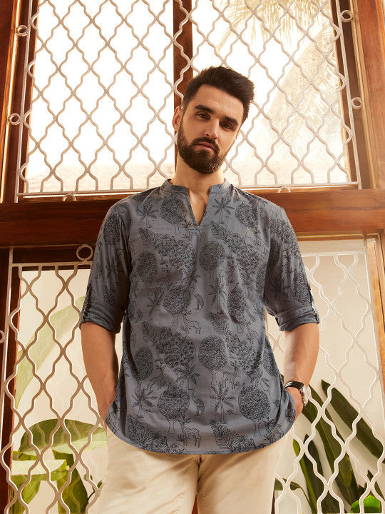 Anouk Men Grey Quirky Printed Cotton Short Kurta