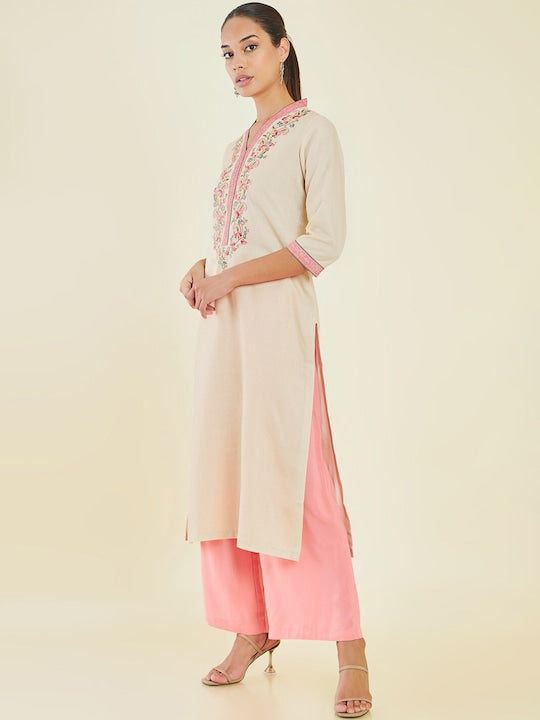 Soch V Neck Floral Embroidered Straight Kurta