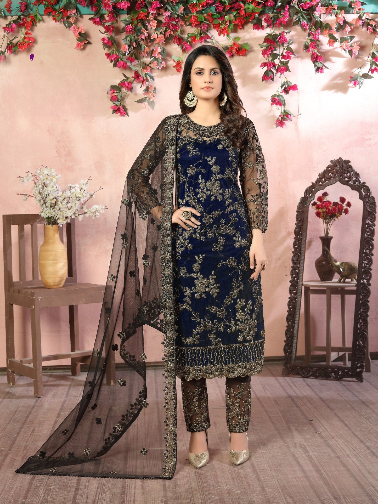 Anaita Navy Blue Embroidered Net Salwar Suit