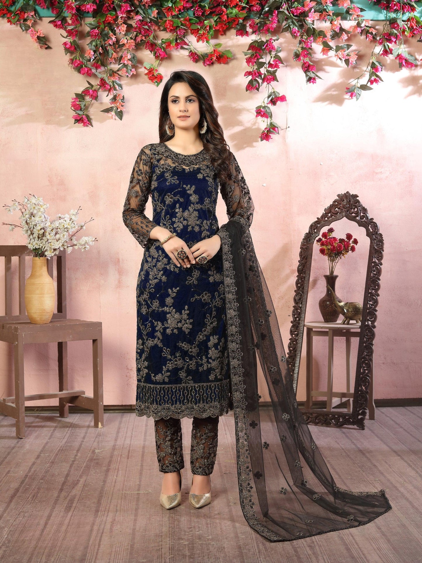Anaita Navy Blue Embroidered Net Salwar Suit