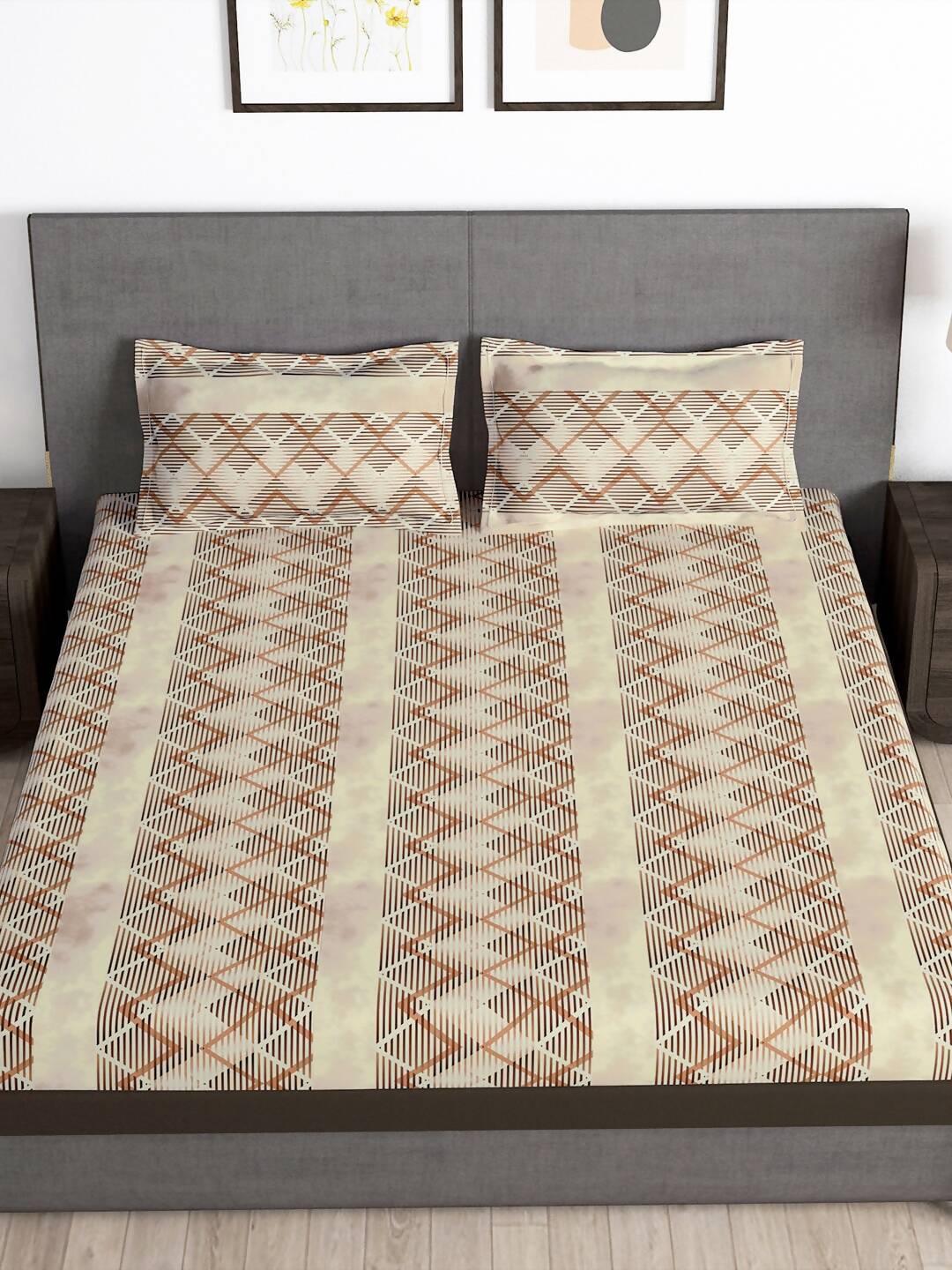 Story@home Brown & White Striped Microfiber 180 TC Bedsheet With Pillow Cover