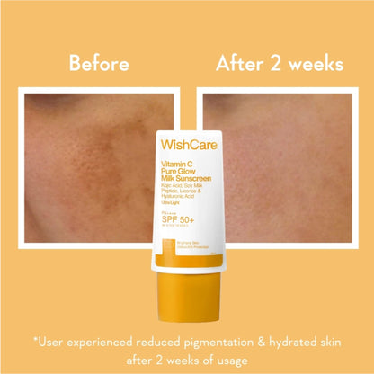WishCare Vitamin C Pure Glow Brightening Face Sunscreen for Dry Skin with SPF50 PA++++In-Vivo Tested