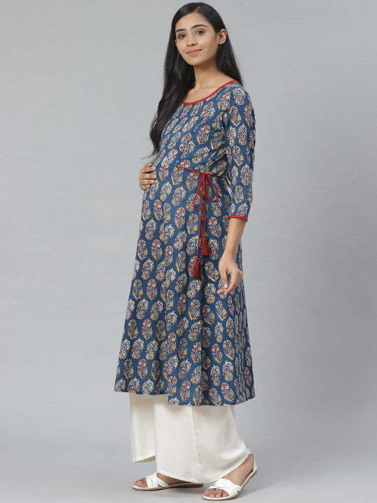 Anayna Women Blue Ethnic Motifs Printed Block Print Maternity Kurta