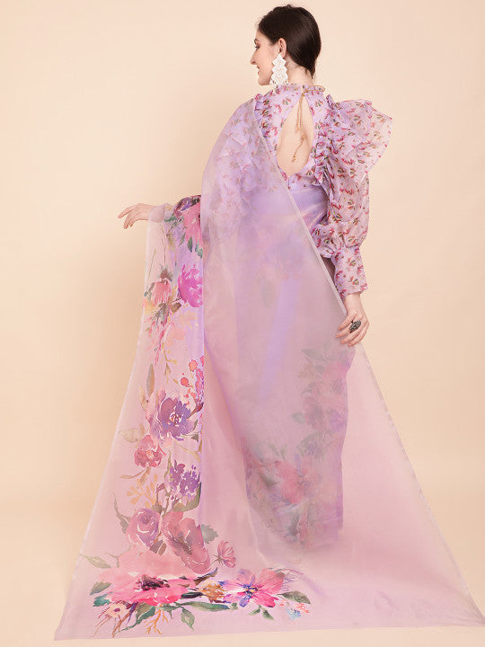 Sangria Lavender & Green Floral Organza Saree