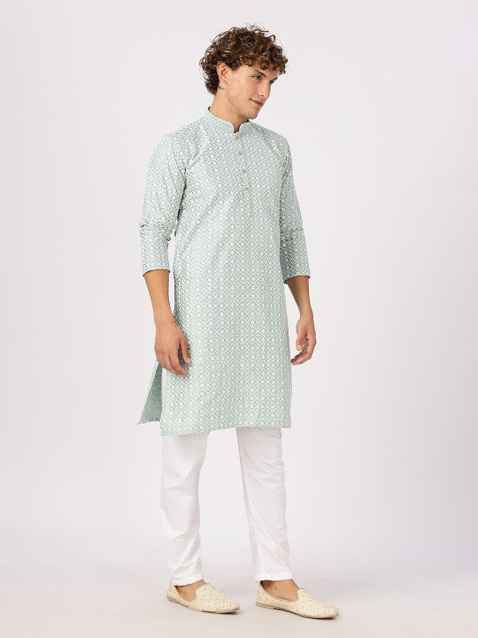 Anouk Geometric Printed Mandarin Collar Straight Cotton White and Blue Printed Kurta