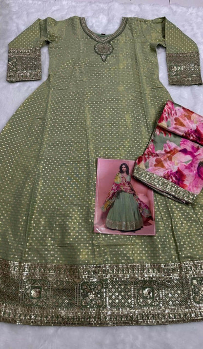 Anaita Green Shimmer Stitched Anarkali Suit with Sequins Embroidery Foil Stitch Work