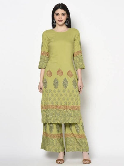 Aniyah Rayon Parrot Green Color Block Print Straight Kurta (AN-198K)