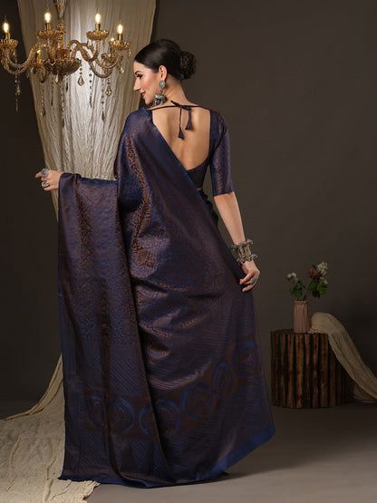 Saree Mall Navy Blue & Gold-Toned Woven Design Zari Silk Blend Banarasi Sarees