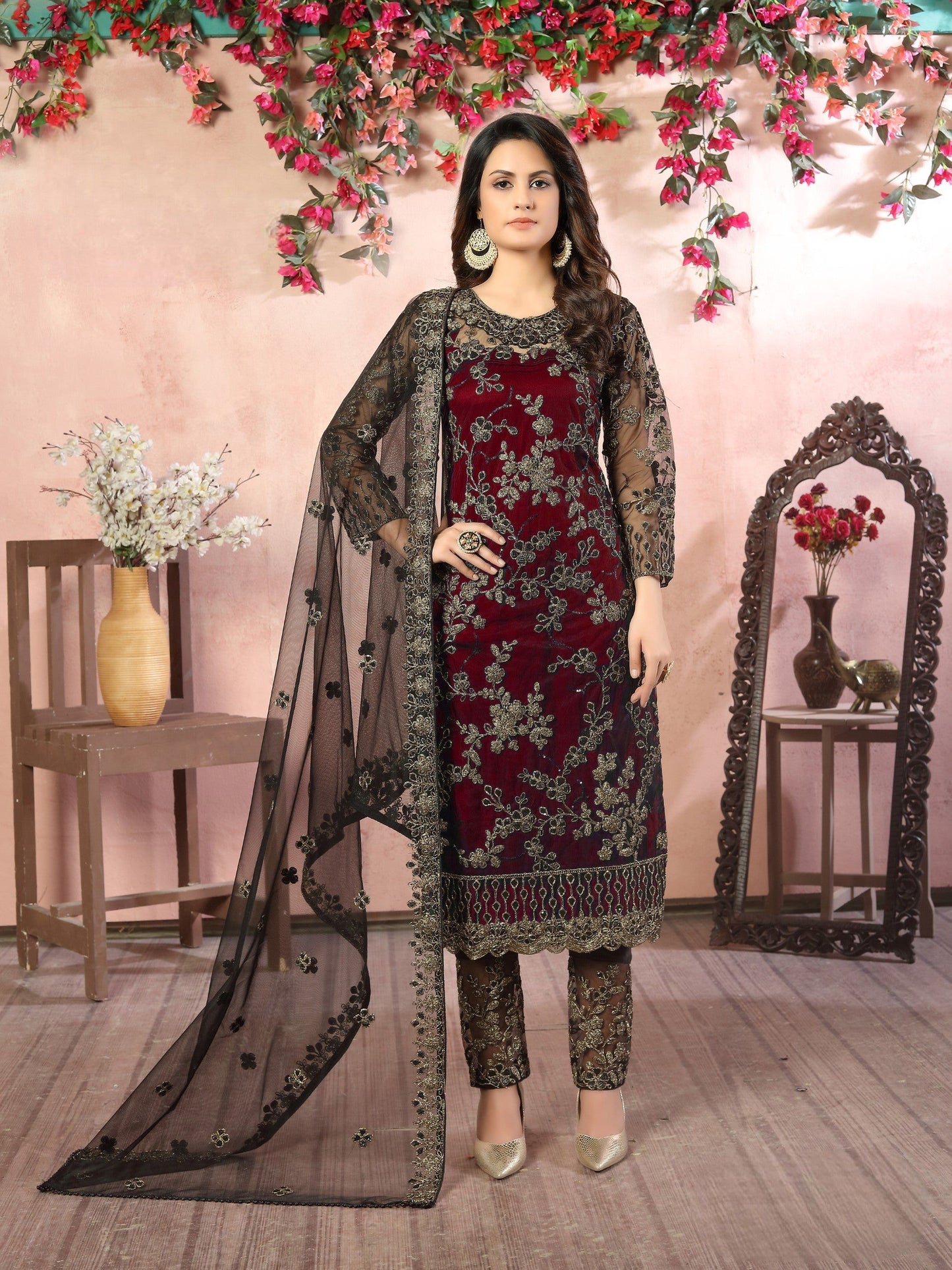 Anaita Maroon Embroidered Net Salwar Suit