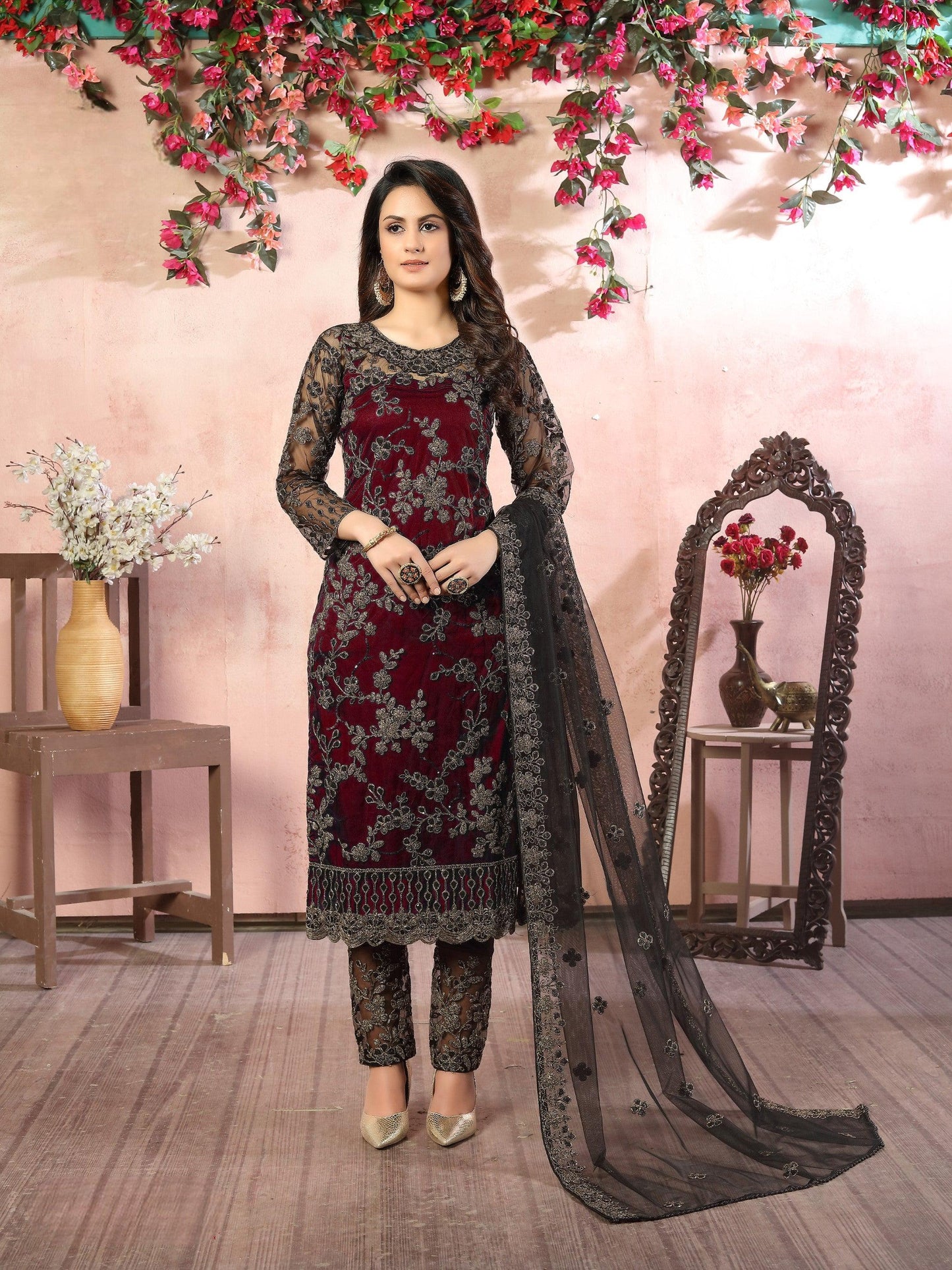 Anaita Maroon Embroidered Net Salwar Suit