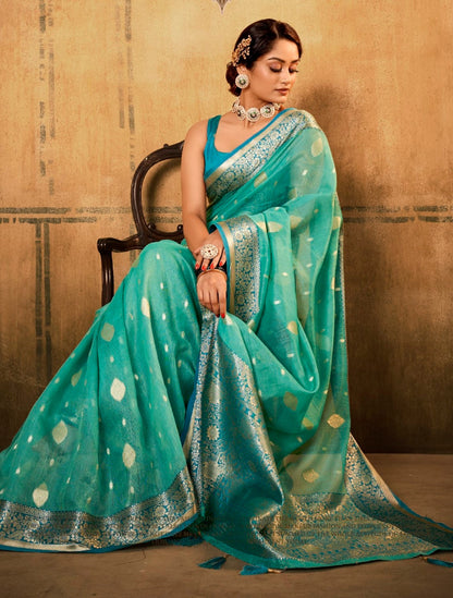 Anaita Turquoise Soft Tussar Silk With Kalamkari Weaving Saree With Blouse