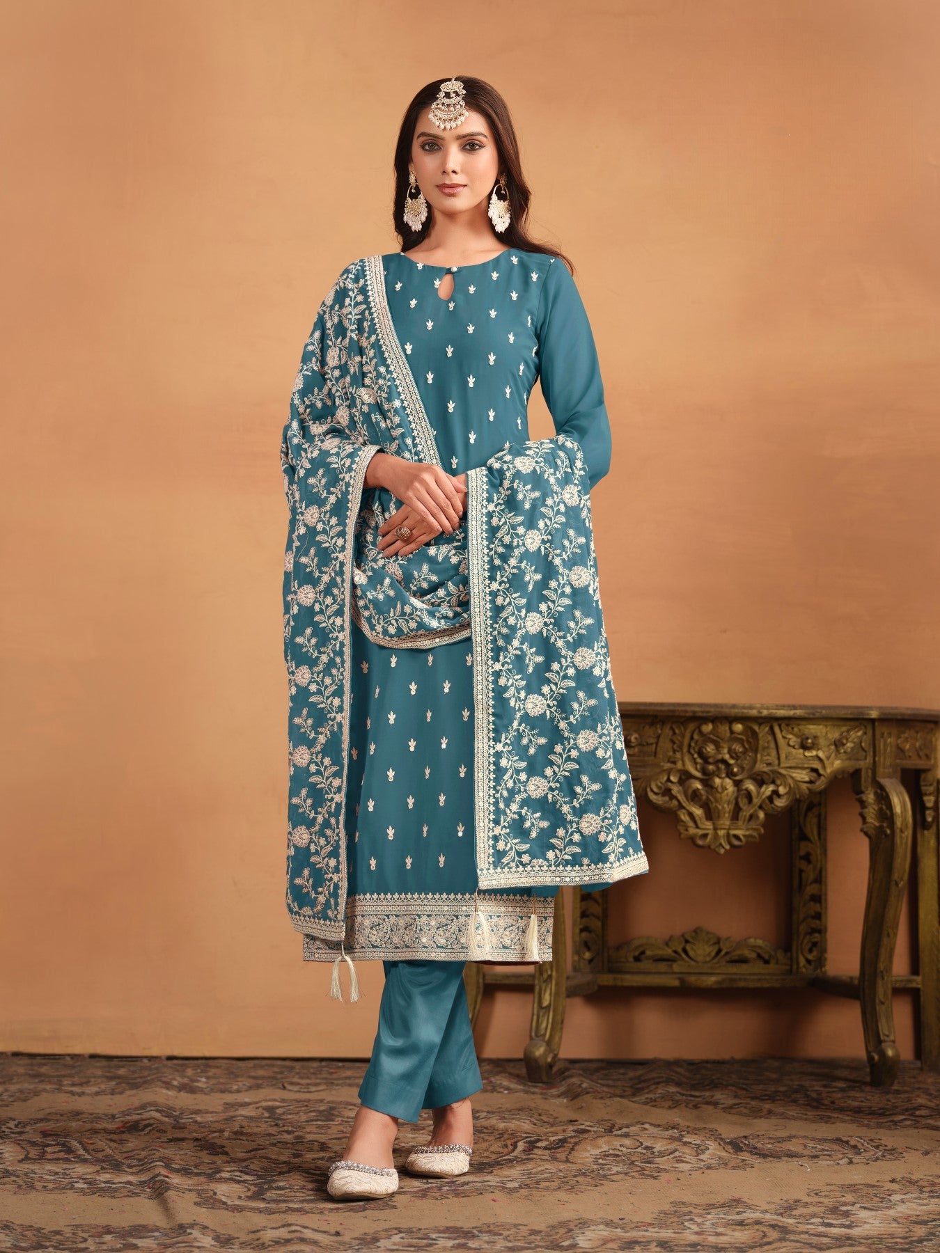 Anaita Teal Embroidered Faux Georgette Salwar Suit