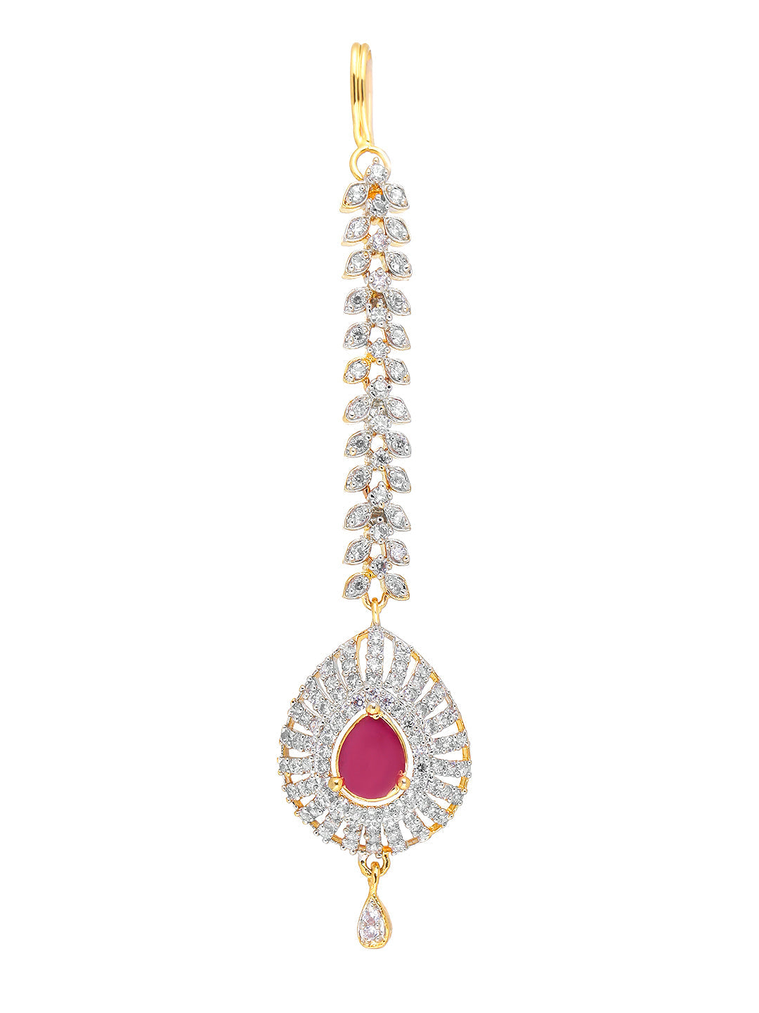 Yellow Chimes Women Gold-Polished American Diamond Pink & White Studded Handcrafted Maang Tikka