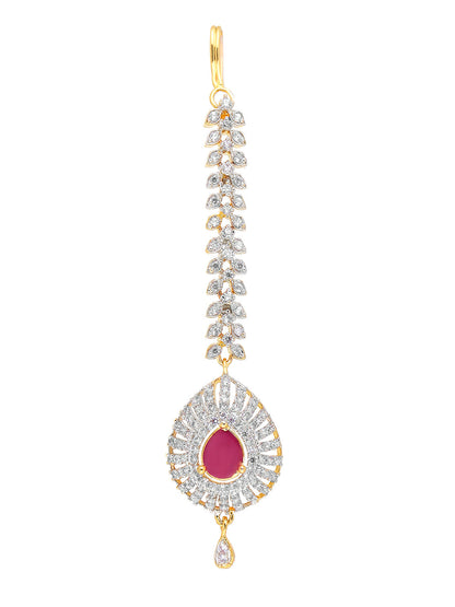 Yellow Chimes Women Gold-Polished American Diamond Pink & White Studded Handcrafted Maang Tikka