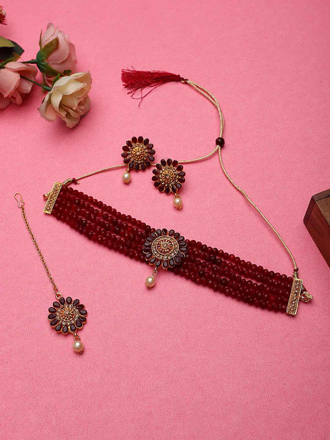 Cardinal Gold-Polished Maroon Onyx-Studded & Beaded Jewellery Set