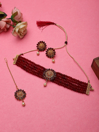 Cardinal Gold-Polished Maroon Onyx-Studded & Beaded Jewellery Set