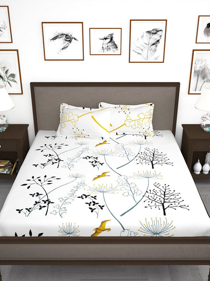 Story@home White & Blue Floral King Bedsheet with 2 Pillow Covers