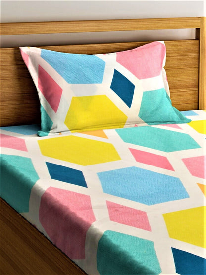Home Sizzler Blue & Yellow Geometric 210 TC Single Bedsheet with 1 Pillow Covers