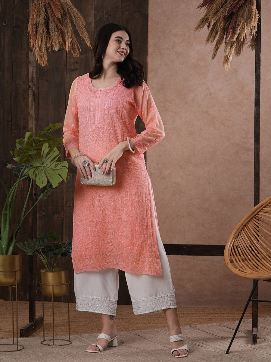 ADA Women Peach-Coloured Chikankari Hand Embroidered Straight Kota Handloom Kurta With Matching Slip