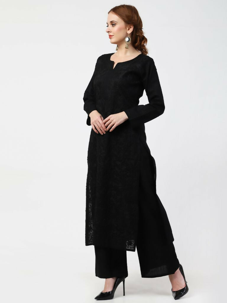 Cheera Women Stylish Hand Chikenkari Cotton Kurta With Palazzo - Black