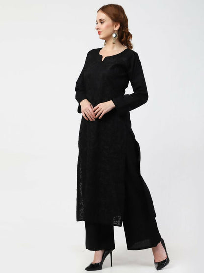 Cheera Women Stylish Hand Chikenkari Cotton Kurta With Palazzo - Black