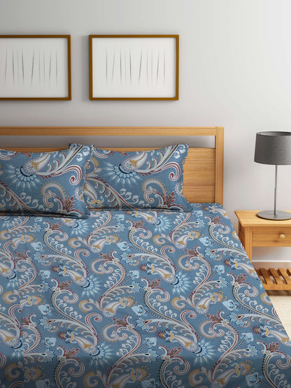 FABINALIV Grey & Brown Etnic Motifs 300 TC Fitted King Bedsheet With 2 Pillow Covers