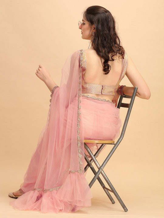 Sangria Women Zari and Sequinned Embroidered Border Saree with Blouse Piece