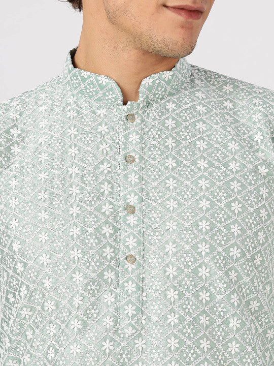 Anouk Geometric Printed Mandarin Collar Straight Cotton White and Blue Printed Kurta