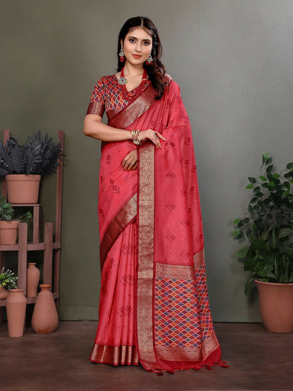 Joban Fashion Carrot Red Woven Design Banarasi Silk Sarees