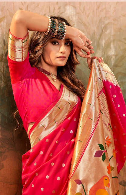 Anaita Pink Designer Zari Weaving Pure Paithani Silk Saree With Blouse