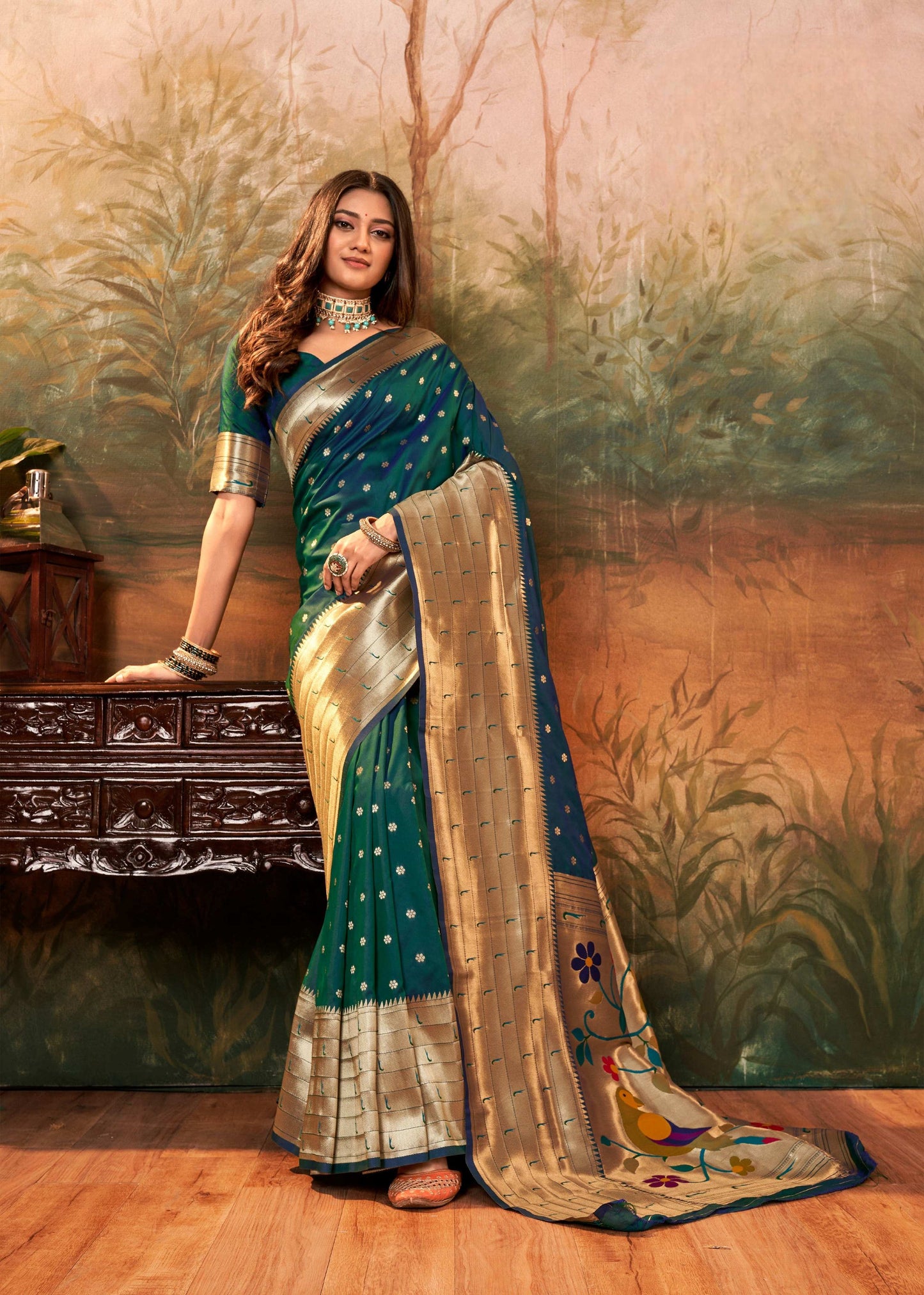 Anaita Green Designer Zari Weaving Pure Paithani Silk Saree With Blouse
