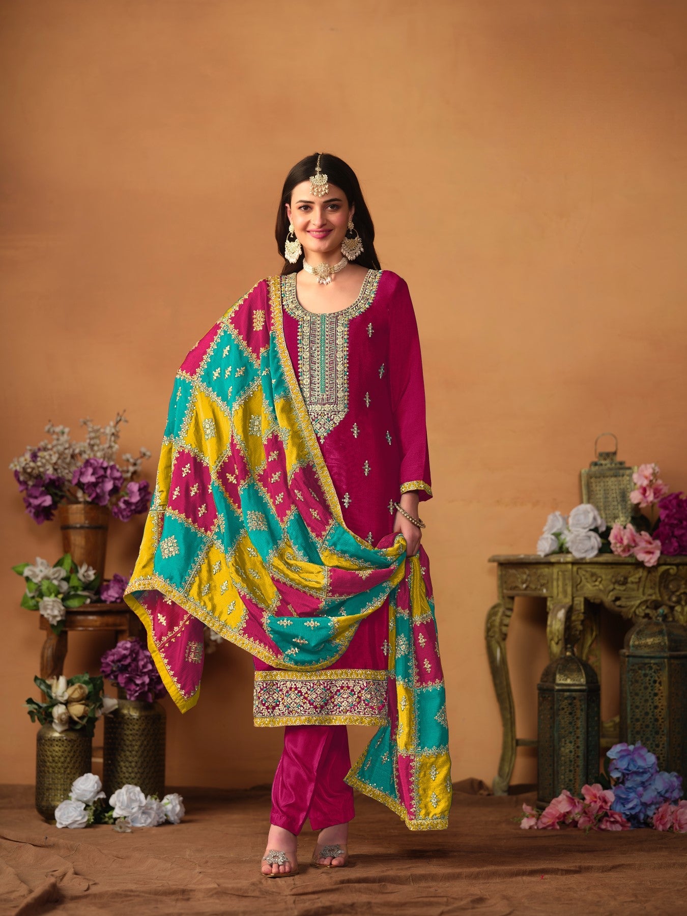 Anaita Wine Embroidered Soft Organza Salwar Suit