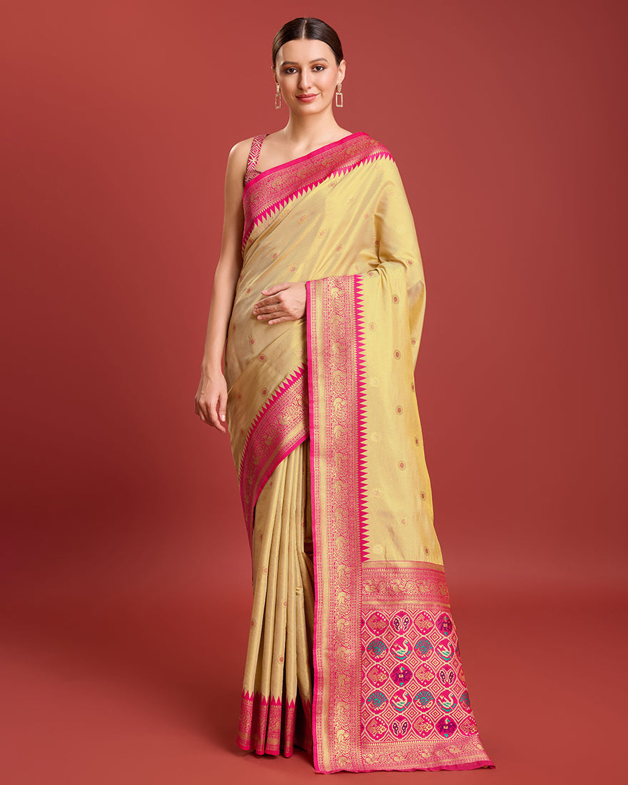 Monjolika Fashion Exquisite Designs With This Regal Beige Patola Pallu Banarasi Tissue Silk Saree