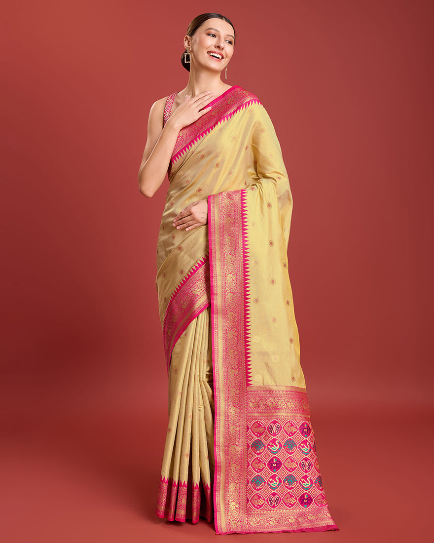 Monjolika Fashion Exquisite Designs With This Regal Beige Patola Pallu Banarasi Tissue Silk Saree