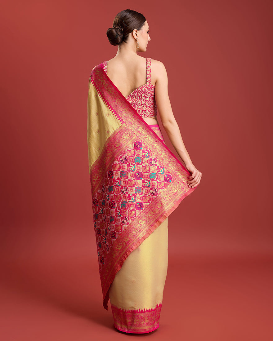 Monjolika Fashion Exquisite Designs With This Regal Beige Patola Pallu Banarasi Tissue Silk Saree
