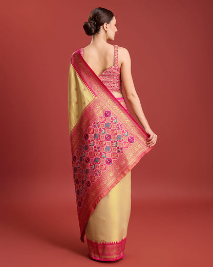 Monjolika Fashion Exquisite Designs With This Regal Beige Patola Pallu Banarasi Tissue Silk Saree