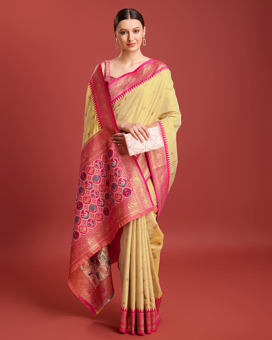 Monjolika Fashion Exquisite Designs With This Regal Beige Patola Pallu Banarasi Tissue Silk Saree