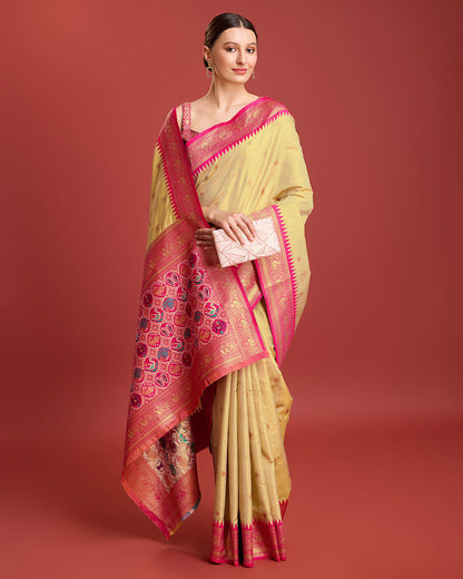 Monjolika Fashion Exquisite Designs With This Regal Beige Patola Pallu Banarasi Tissue Silk Saree