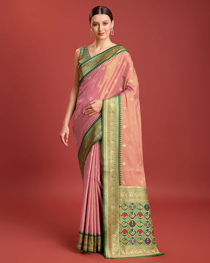 Monjolika Fashion Exquisite Designs With This Regal Rose Pink Patola Pallu Banarasi Tissue Silk Saree