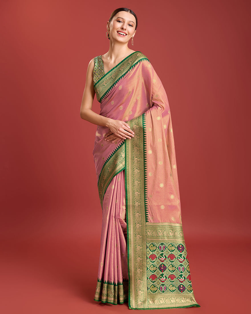 Monjolika Fashion Exquisite Designs With This Regal Rose Pink Patola Pallu Banarasi Tissue Silk Saree