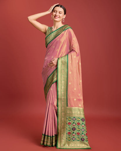 Monjolika Fashion Exquisite Designs With This Regal Rose Pink Patola Pallu Banarasi Tissue Silk Saree