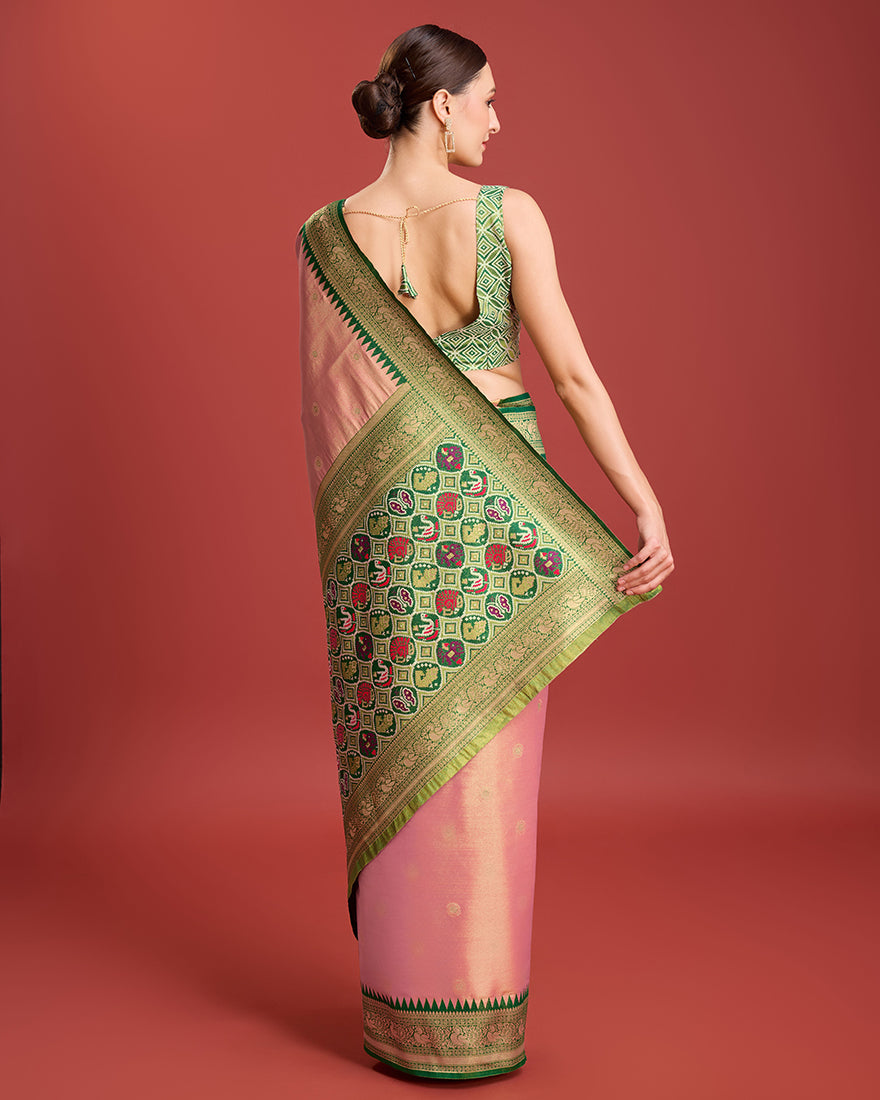 Monjolika Fashion Exquisite Designs With This Regal Rose Pink Patola Pallu Banarasi Tissue Silk Saree
