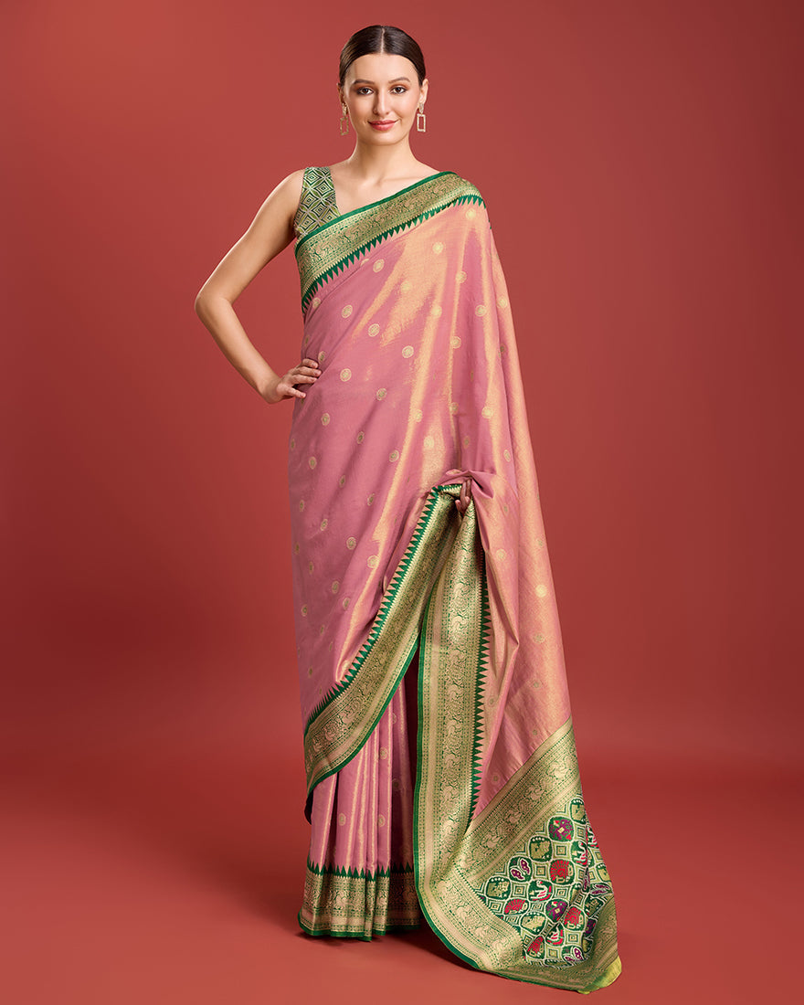 Monjolika Fashion Exquisite Designs With This Regal Rose Pink Patola Pallu Banarasi Tissue Silk Saree